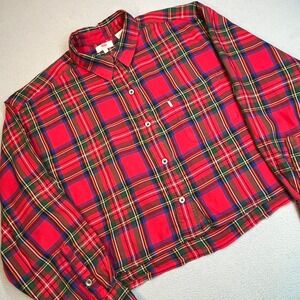 Levis Womens Red Plaid Cropped Flannel Shirt Long Sleeve Button Down Size S